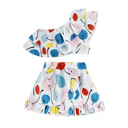 Clothing Sets Baby Kids Girls Skirt Set One-shoulder Ruffled Vest With A-line Summer Fruit Print Outfit