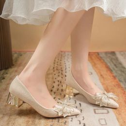 Dress Shoes Elegant Bowtie Crystal Pumps For Women 2023 Slip-On Pointed Toe Party Wedding Woman Silk Shallow Thick Heels Ladies