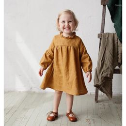 Girl Dresses Girls Cotton And Linen Solid Colour 2023 Spring Autumn Long Sleeve Dress Casual Simple Soft Comfortable For