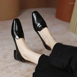 Dress Shoes Women's Leather Office Medium Heel Small Round Head Retro Workplace Loafer Europe And America Large Foot