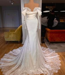 Düğün Muhteşem Deniz Kızı Elbiseleri Gelin elbisesi omuzdan dantel uzun kollu saten artı boyutu süpürme tren özel yapılmış plaj vestido de novia 328