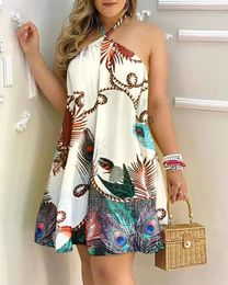 Casual Dresses Summer Fashion Neck Lace Up Loose Women's Dress Sexy Off Shoulder Sleeveless Peacock Print Beach Mini Vestidos