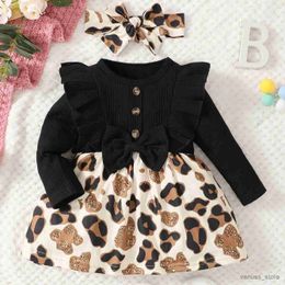 Girl's Dresses 0-2-year-old newborn baby girl spring and autumn black round neck fly edge button long-sleeved stitching leopard print dress