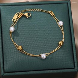 Link Bracelets 316L Stainless Steel Double Layer Imitation Pearl Bracelet For Women Gold Colour Christmas Jewellery Gift Drop