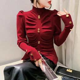 Women's Sweaters Elegant Puff Sleeve Buttons Folds Womens Clothing Autumn Winter Split Knitted Korean Pullovers Irregular Tops Jumper