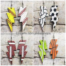 Charm Sports Earrings Wooden Charm Football Baseball Lightning Pendant Studs Creative Gift Drop Delivery Jewelry Earrings Dhore