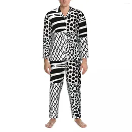 Men's Sleepwear Patchwork Print Pyjama Set Autumn Animal Retro Comfortable Home Two Piece Loose Oversize Design Nightwear Gift Idea