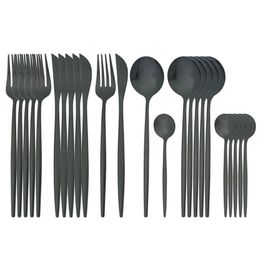 24Pcs Black Cutlery Stainless Steel Dinnerware LNIFE Fork Coffee Spoon Home Kitchen Dinner Tableware Set 201130247w