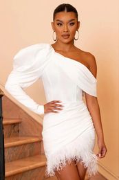 Casual Dresses SKMY White Dress Style Feather One Shoulder Irregular Solid Color Bodycon Sexy Women Clothing Party Clubwear