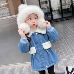 Jackets 2023 Autumn/Winter Plush Denim Coat For Girls Warm Flip Collar Jean Top Children Clothes CH236