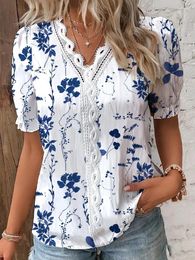 Women's Blouses Women Shirts Summer Fashion Elegant Short Sleeve Print Office Lady Top White Ruffled Hollow Out Blouse Female Clothing