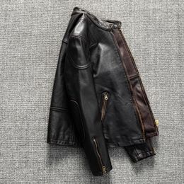 Men's Jackets Heavy First Layer Real Leather Clothes Vintage Motorcycle Jacket Short Amekaji Wear American Casual Coat