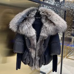 Fashion Winter Real Fox Fur Collar Thick Warm Puffer Jacket Parkas Women Knitted Sleeve Loose 90% White Duck Down Coat 231221