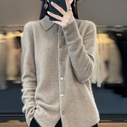 Autumn Winter Women Wool Blend Sweater Polo Collar Tailored Cardigan Fashion Casual Knitted Loose Soft Jacket Bottom Top 231221