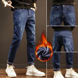 Men's Jeans Black Blue Straight Men Brand Clothing Plus Velvet Thick Warmth Young Winter Business Casual Denim Trousers