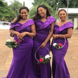 Purple Mermaid Bridesmaid Dresses One Shoulder Satin Appliqued Lace Elegant Promdress for African Arabic Black Women Formal Evening Gown Wedding Guest BR010