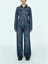 Women's Two Piece Pants Autumn Tight Denim Shirt Jacket Blue Strap Washed Effect Wide-leg Mid-waist Long Jeans