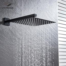 Heads Matte Black 8/10/12 inch Rainfall Ultrathin Head With Arm Bathroom Shower Accessories Wall Mounted 210309