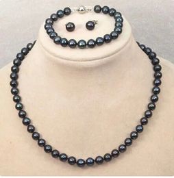 Beautiful and Natural 910mm AAATahiti Black Pearl Necklace Earring Set 231221