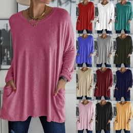 Women's T Shirts Round Neck Long Sleeve Crop Top Loose Pocket Monochromatic T-Shirt Casual Wear Autumn/Winter S-5XL