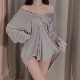 Pure Sexy Womens Sleepwear Boyfriend Style Loose Shirt Sleep Tops Lingerie Lace Nightgown Cardigan Pyjamas Comfortable Home Suit 231221