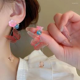 Dangle Earrings MENGJIQIAO Korean Fairy Flowers Butterfly Crystal For Women Girls Pink Tassel Long Brincos Female Fashion Jewelry