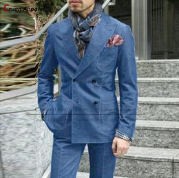 Denim Suits for Men Slim fit Tailormade Fashion Business Wedding Tuxedo Set Casual Winter Black Suit Jacket Pants 2 Pieces 231221