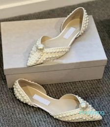 Perfect Evening Sabine Sandals Dress Shoes Flat White Satin Pumps with AllOver Pearl Embellishment Romantic Elegant Wedding