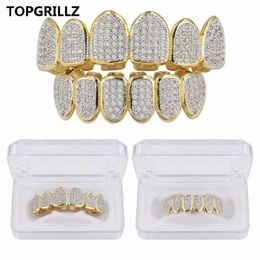 Hip Hop Iced Out CZ Gold Teeth Grillz Caps Top and Bottom Diamond Tooth Grillzs Set For Men Women Gift Grills328U