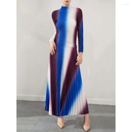 Work Dresses Miyake Pleated Women's 2023 Autumn Colorblocking Printed Corn Long Sleeve Temperament Large Size Skirt Set