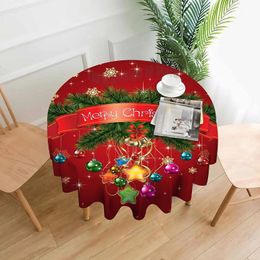 Christmas Round Tablecloth 60 Inch Snowflakes Holly Green Pine Branch Red Waterproof Polyester Table Cloth Table Cover 231221