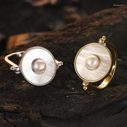 Cluster Rings 925 Silver Jewelry White Shell Rotating Freshwater Pearl Women's Ring Adjustable