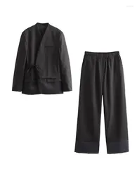 Women's Two Piece Pants Fashion Solid Colour Belt Pant Suit 2023 Autumn Winter Vintage V-neck Coat Loose Fold Trousers Female 2 Sets