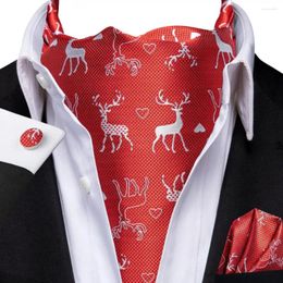 Bow Ties Hi-Tie Silk Red Mens Christmas Ascot Hanky Cufflinks Set Jacquard Snow Deer Vintage Xmas Cravat Tie Wholesale For Male Prom