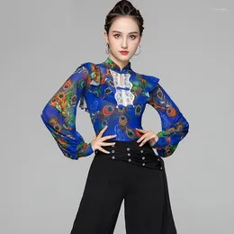 Stage Wear X054 Latin Dance Jacket Long Sleeve Practise Dress Modern Blouse National Standard Dancing Mesh Cheongsam Top