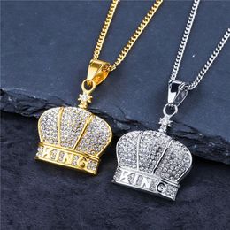 18K Gold Stainless Steel Iced Out Full Diamond Crown Pendant Necklace for Men Women Bling Jewelry234l