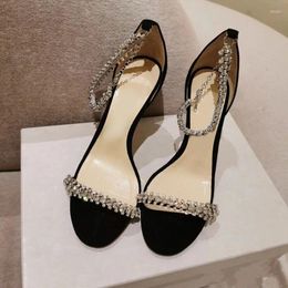 Dress Shoes Bling Crystal Embellished High Heel Sandals Women Black Suede Celebrating Rhinestone Ankle Strap Party