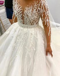 2024 Morden African Wedding Dress Detachable Train Long Sleeves Heavy Handwork Beads Sequins Bride Fromal Gowns Vestidos De Novia