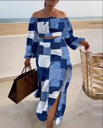 Work Dresses Female Holiday Beach Outfits Elegant Off Shoulder Long Sleeve Tops Split Skirt Set Summer Solid Color 2 Piece