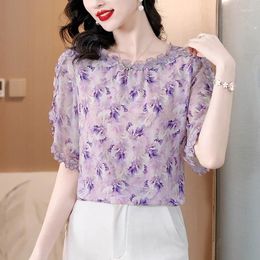 Women's Blouses 2024 Summer Short Sleeve Silk Mesh Shirt Flower Decoration Loose Large O-Neck Fashion Georgette Top T-shirt B49
