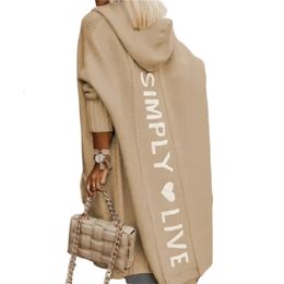 Women Long Hooded Cardigan Sweater Autumn Winter Solid Color Back Alphabet Jumpers Female Office Loose Thickened Warm Woven Tops 231221