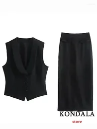 Work Dresses KONDALA Chic Solid Black Office Lady Women Suits Sleeveless Button Vest Blazer Long Sheath Zip Skirts Fashion 2023 Spring
