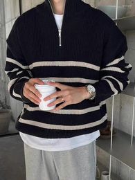 Men's Sweaters 2023 Fall/Winter Half Zip-up Sweater Men Korean Fashion Striped Long Sleeve Knit Pullovers Tops Mens Clothing