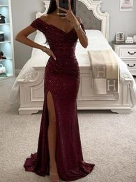 Casual Dresses Sequined Slash Neck Women Split Solid Slim Female Long Dress 2023 Sexy Hip Package Christmas Party Ladies Vestidos