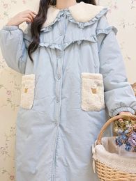 Women's Trench Coats Mori Blue Padded Coat Loose Wool Embroidery Patchwork Doll Collar Jacket