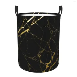 Laundry Bags Stone Blue Gold Marble Print Circular Basket With Handle Portable Waterproof Storage Bucket Bedroom Clothes Box