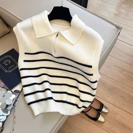 Women's Vests Retro Lapel Zipper Stripe Knitted Waistcoat Women Autumn WiNter Korean Fashion Sleeveless Sweaters Casual Simple Pullover Vest