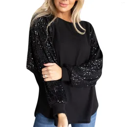 Women's Blouses Women Round Collar Loose Pullover Tops Shirt Oversized Irregular Fashion Sequin Patchwork Long Slee Casual Blusas Mujer De