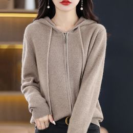 Autumn And Winter Cashmere Hooded Cardigan Women Solid Color Loose Hoodie zipper Knitted Sweater Coat 231221