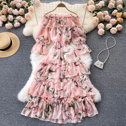 Casual Dresses 2023 Tulip Flower Dress Women Off The Shoulder Flare Sleeve Cascading Ruffles Pink Chiffon Cake Party Long Vestidos